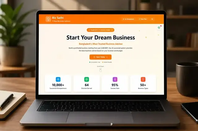 Biz Sathi AI business advisor website with a localized lead funnel